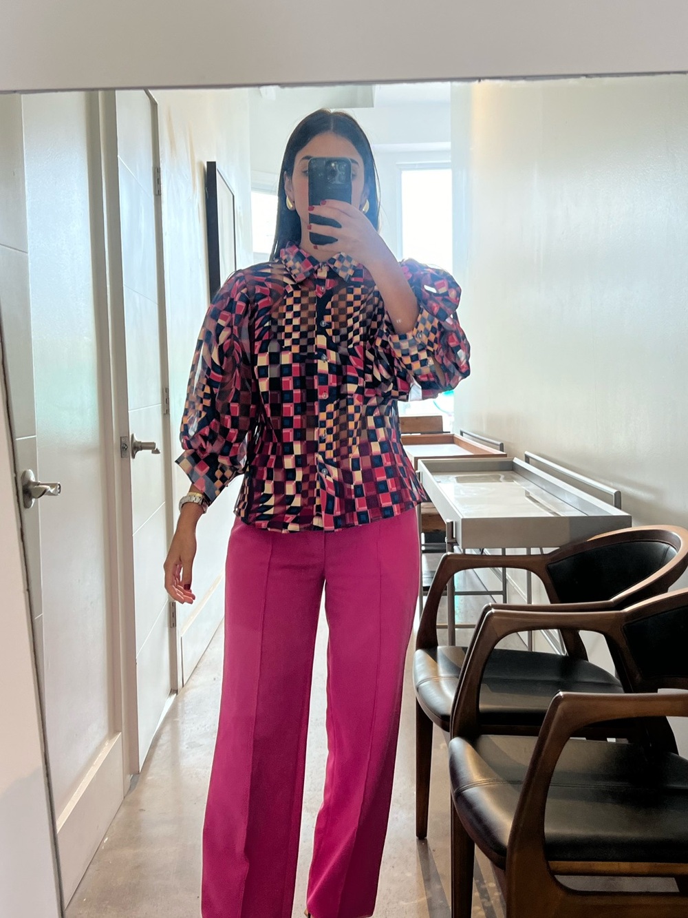 Multicolor Geometric Button-Down Blouse in Pink Mix